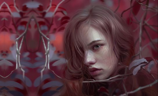 Обои на рабочий стол Портрет девушки среди веток кустарника, by Huy Ozuno