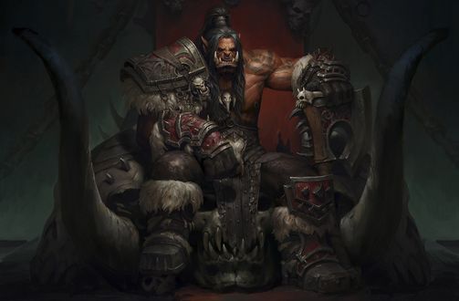 Обои на рабочий стол Grommash Grom Hellscream / Громмаш Гром Адский Крик-лидер орков сидит на троне, из игры World of Warcraft / Мир военного ремесла