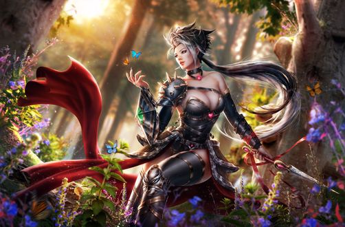 Обои на рабочий стол Персонаж Адалия с кинжалом в руке смотрит на летающих бабочек в лесу, by DrewDiddy1996