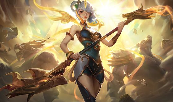 Обои на рабочий стол Lux, Lady of Luminosity / Люкс, Леди Свечения стоит с магическим шестом на фоне огромных монстров, из игры League of Legends / Лига Легенд