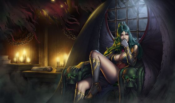 Обои на рабочий стол Девушка-вампир Evelyn / Эвелин сидит на троне, украшенным черепами, в комнате с горящими свечами, by SkavenZverov
