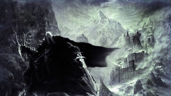 Обои на рабочий стол Воин из игры World of Warcraft скачет на коне среди гор