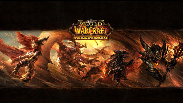 Обои на рабочий стол Обои игры World of Warcraft (девушка, драконы и монстры в огне)