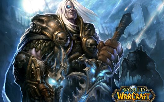 Обои на рабочий стол Воин-блондин с мечом и черепами из игры World of Warcraft
