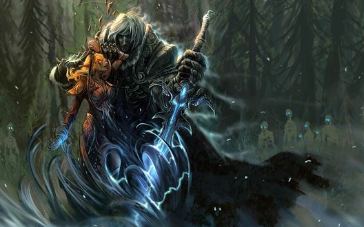 Обои на рабочий стол Воин с мечом в лесу и костлявые зомби из игры World of Warcraft