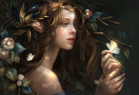 Обои на рабочий стол Девушка - эльф с бабочкой на руке, by Linh Phuong