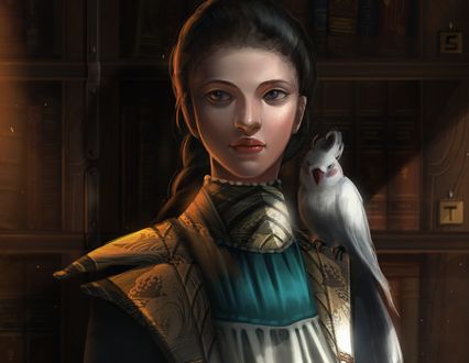 Обои на рабочий стол Девушка с попугаем на плече, by Linh Phuong
