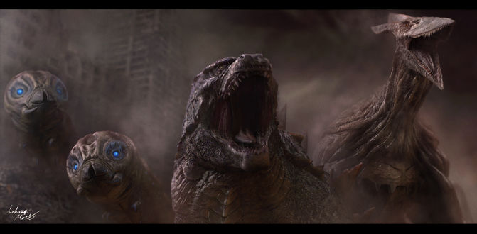 Обои на рабочий стол Mothras / Мотра, Godzilla / Годзилла и Rodan / Родан, by InkVeil Matter