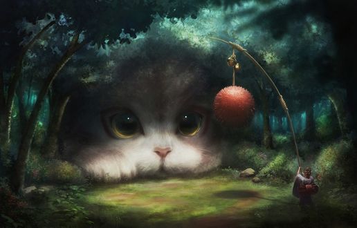 Обои на рабочий стол Гиганский котенок в лесу, смотрит на девушку в кимоно, которая стоит с большой палкой, на которой привязан шарик и колокольчики, автор Maxime Schilde