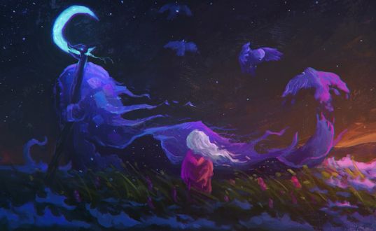 Обои на рабочий стол Девочка и дух неба на поляне с цветами, by sylar113