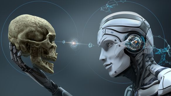 Обои на рабочий стол Робот смотрит на взятый в руку череп, by Vitaliy Sokol