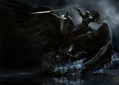Обои на рабочий стол Рыцарь с копьем и щитом на черном пегасе, by Mariusz Kozik