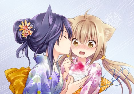 Обои на рабочий стол Сацуки / Satsuki целует в щечку смущенную Юзу / Yuzu из аниме Загадочная история «Коноханы» / Konohana Kitan