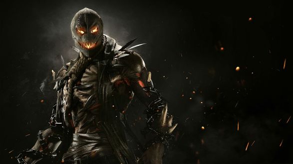Обои на рабочий стол Scarecrow / Страшила на фоне летающих огненных искр, из игры Injustice 2 / Несправедливость 2