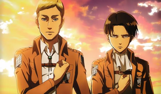 Обои на рабочий стол Командиры разведкорпуса Levi / Леви и Erwin Smith / Эрвин Смит из аниме Атака Титана / Attack on Titan / Shingeki no Kyojin