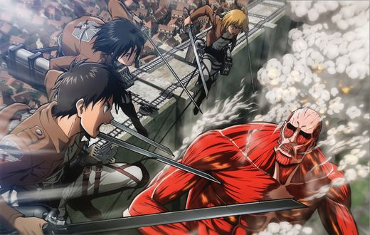Обои на рабочий стол Армин Арлерт / Armin Arlert, Эрен Егер / Eren Jaeger и Микаса Аккерман / Mikasa Ackerman атакуют титана сверху из аниме Атака Титана / Attack on Titan / Shingeki no Kyojin