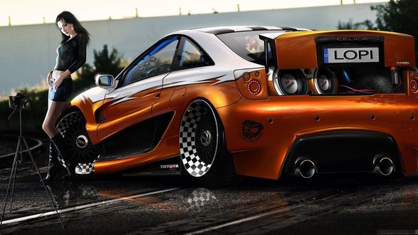 Обои на рабочий стол Девушка позирует, стоя у тюнингованной Toyota Celica / Тойоты Селика