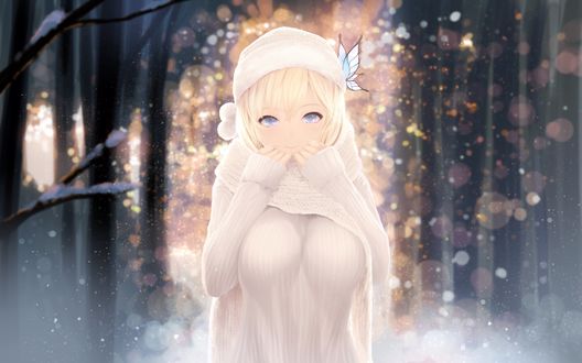 Обои на рабочий стол Kashiwazaki Sena / Сэна Касивадзаки стоит в заснеженном парку, персонаж из аниме У меня мало друзей / Boku wa Tomodachi ga Sukunai, art by Cait