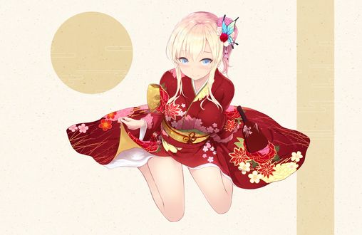 Обои на рабочий стол Kashiwazaki Sena / Сэна Касивадзаки в красном кимоно с цветочным узором, персонаж из аниме У меня мало друзей / Boku wa Tomodachi ga Sukunai, art by Cait