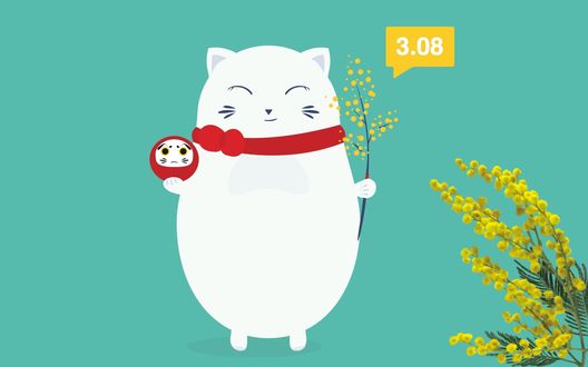 Обои на рабочий стол Белый кот с мимозой в лапке, (3. 08), by Pica Things We Love
