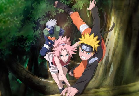 Обои на рабочий стол Hatake Kakashi, Наруто Узумаки / Naruto Uzumaki и Сакура / Sacura на выполнении очередной миссии из аниме Наруто / Naruto
