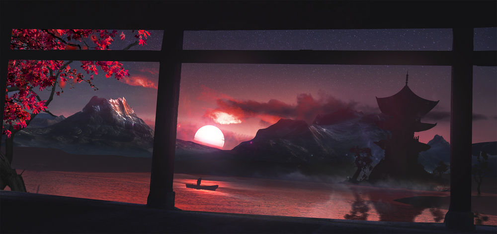 Обои для рабочего стола Вид из окна на одинокого лодочника в горном озере на фоне заката, by by t1na