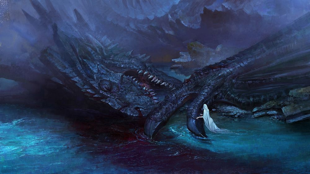 Обои для рабочего стола Смертельно раненый черный дракон лежит в воде, рядом с ним женщина в белой одежде