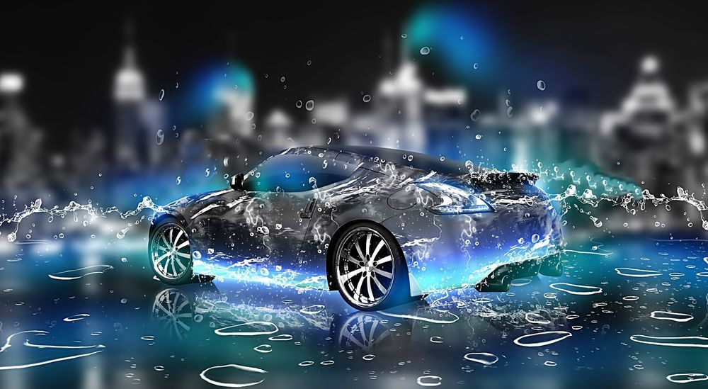 Обои для рабочего стола Nissan / Ниссан серии Z в брызгах воды на фоне боке