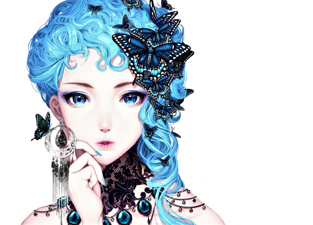 Обои для рабочего стола Девушка-аниме с синими волосами и бабочками в них