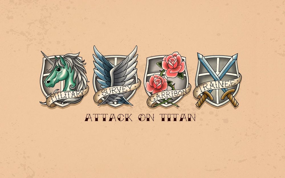 Обои для рабочего стола Четыре эмблемы - military, survey, garrison и trainee из аниме Атака Титана / Attack on Titan / Shingeki no Kyojin