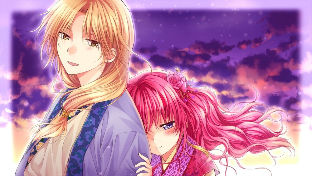 Обои для рабочего стола Yona и Soo-won на фоне фиолетового неба из аниме Akatsuki no Yona / Рассвет Йоны, art by Mizuho Kusanagi