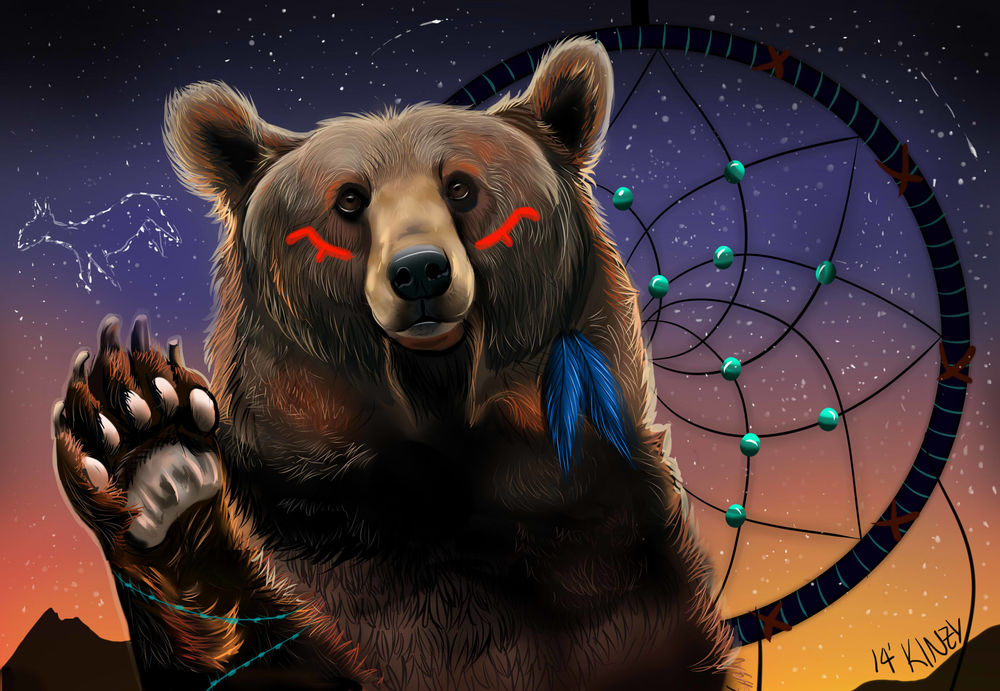 Обои для рабочего стола Медведь на фоне звездного ночного неба и ловца снов, by KahlaWolf