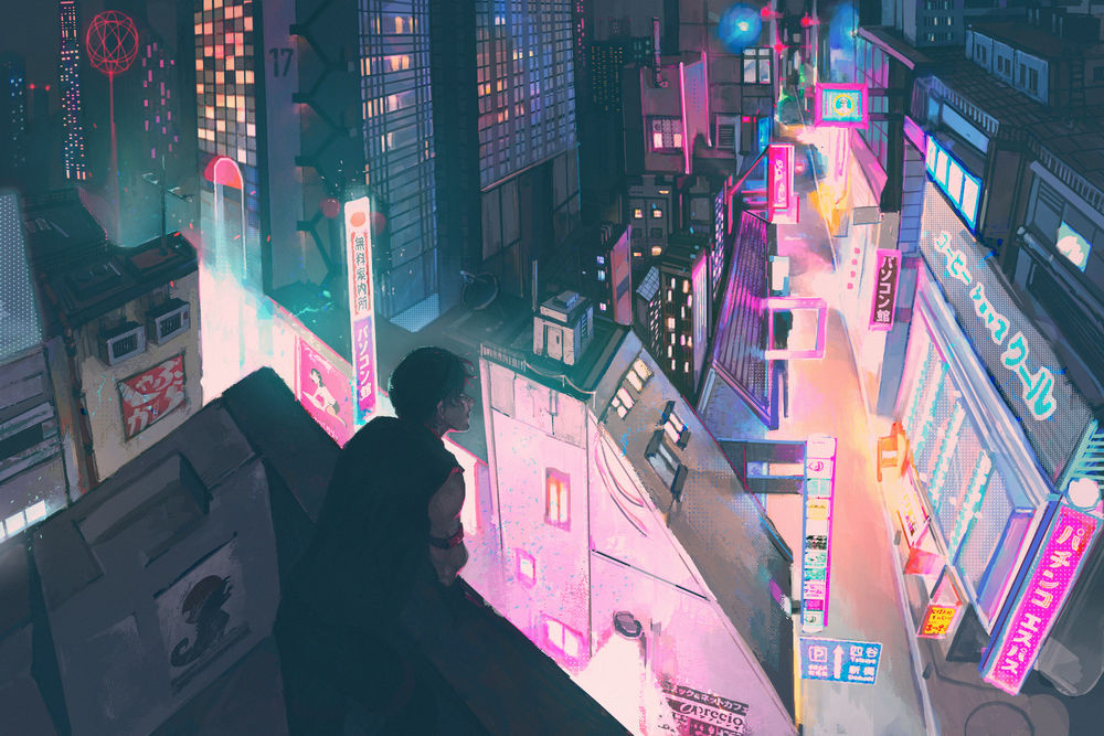 Обои для рабочего стола Парень смотрит на улицу ночного города, освещенную неоновыми вывесками, by LuviiiLove