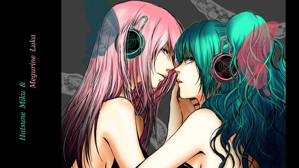 Обои для рабочего стола Vocaloid Hatsune Miku / Вокалоид Хатсуне Мику и Мегурин Люка / Megurine Luka в наушниках собираются поцеловаться