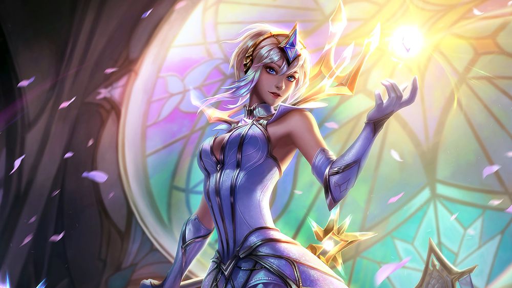 Обои для рабочего стола Lux, Lady of Luminosity / Люкс, Леди Свечения с магическим свечением над рукой, из игры League of Legends / Лига Легенд