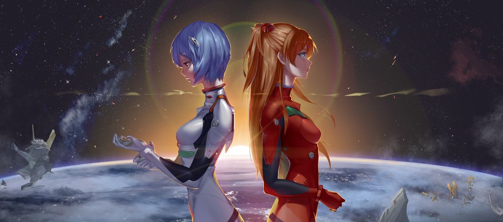 Обои для рабочего стола Ayanami Rei / Аянами Рэй и Asuka Langley / Аска Лэнгли стоят на фоне космоса, из аниме Evangelion / Евангелион