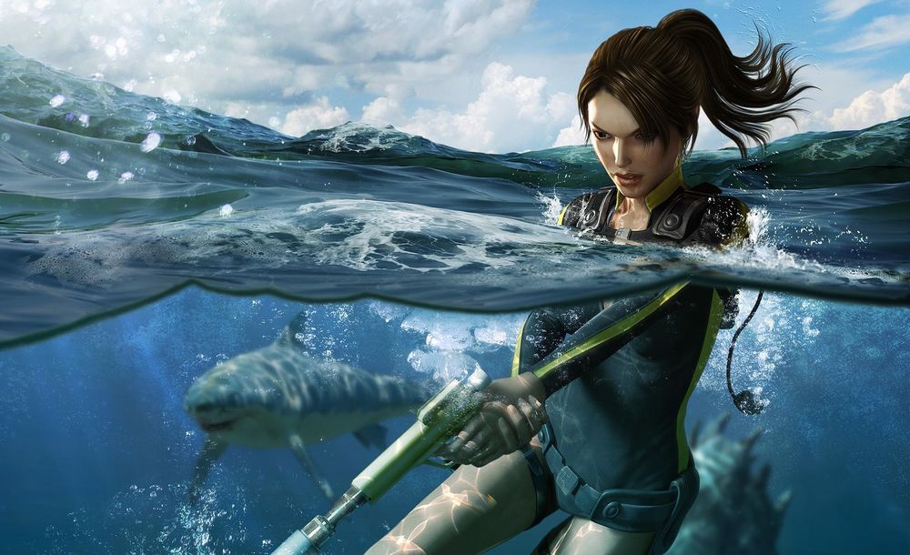 Обои для рабочего стола Lara Croft / Лара Крофт стреляет из пистолета под водой на фоне плывущей акулы, из игры Tomb Raider: Underworld / Расхитительница гробниц: Преисподняя