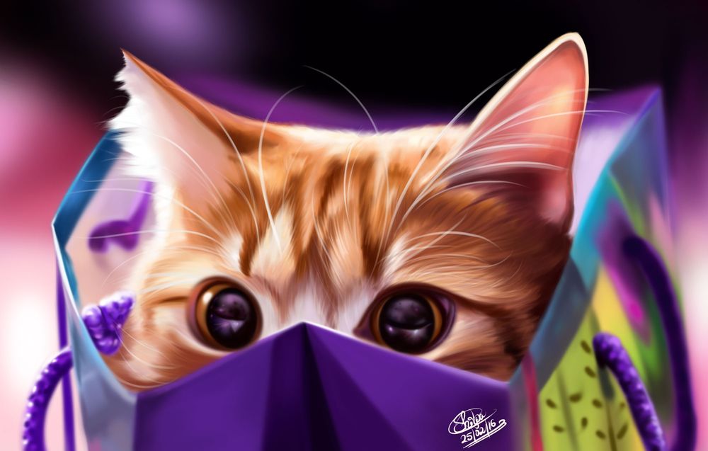 Обои для рабочего стола Котенок выглядывает из подарочного пакета, by Khushiart