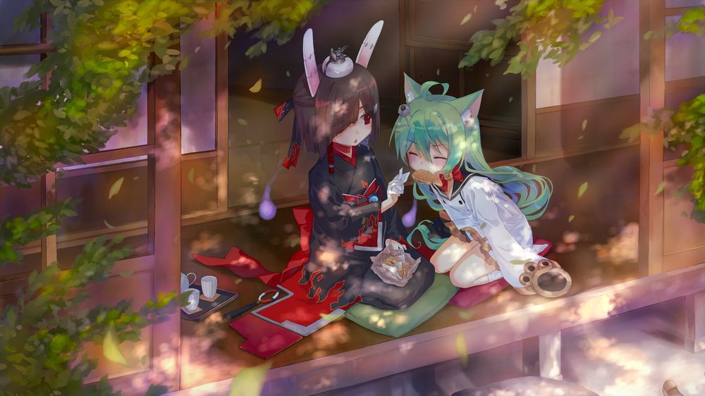Обои для рабочего стола Rabbit girl и neko girl в кимоно сидят на веранде и кушают вкусняшки, by Azur Lane