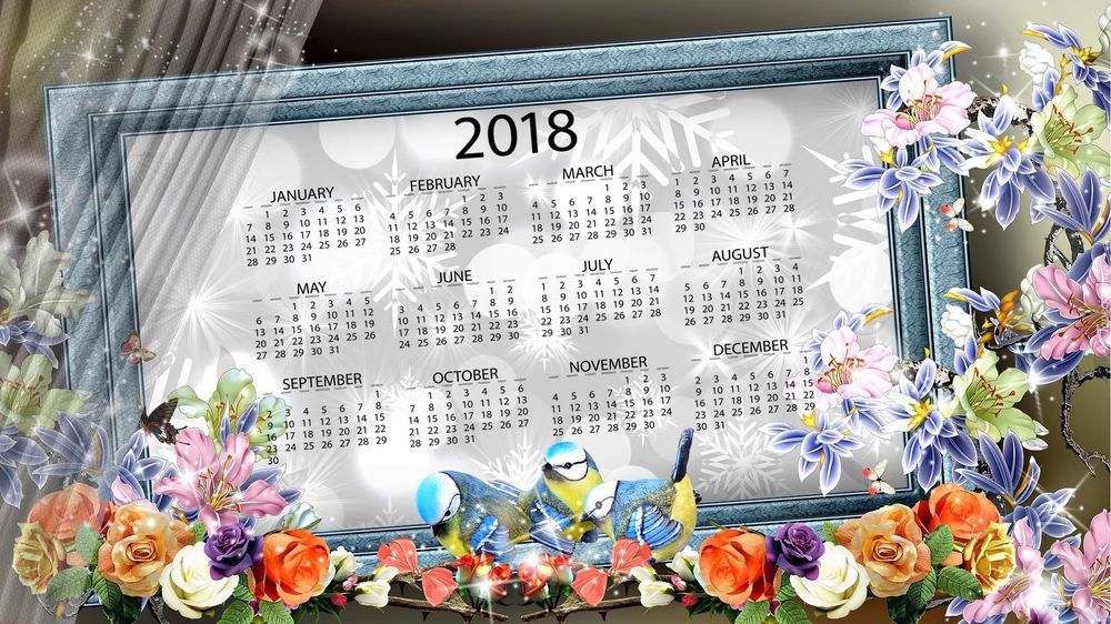 Обои для рабочего стола Календарь 2018 года на фоне цветочной композиции, птичек и бабочек