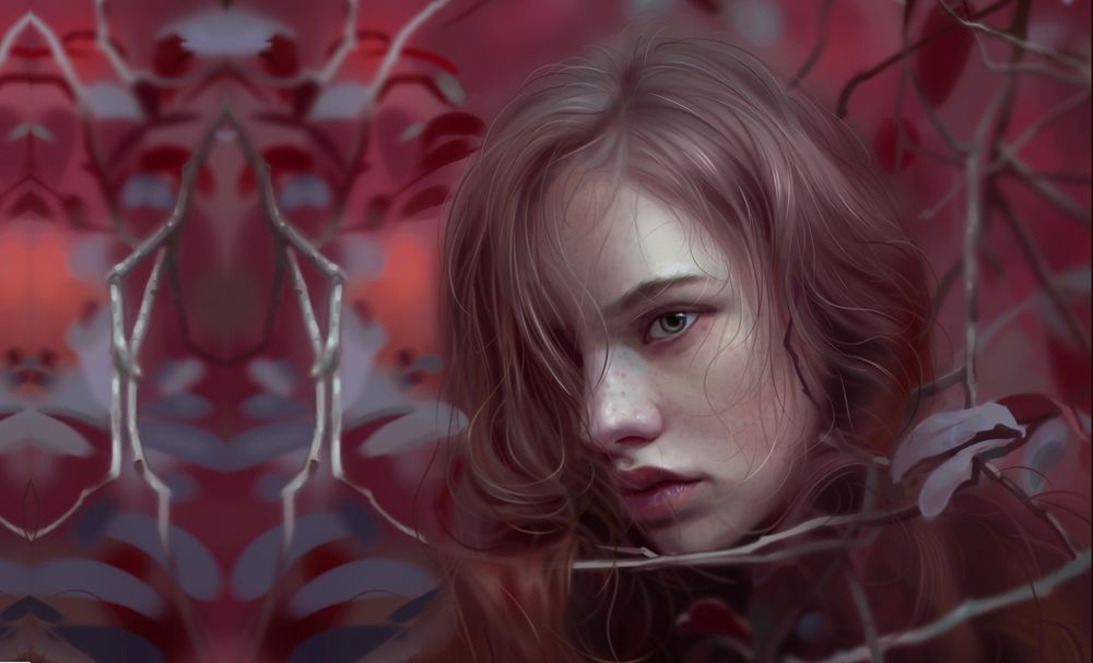 Обои для рабочего стола Портрет девушки среди веток кустарника, by Huy Ozuno