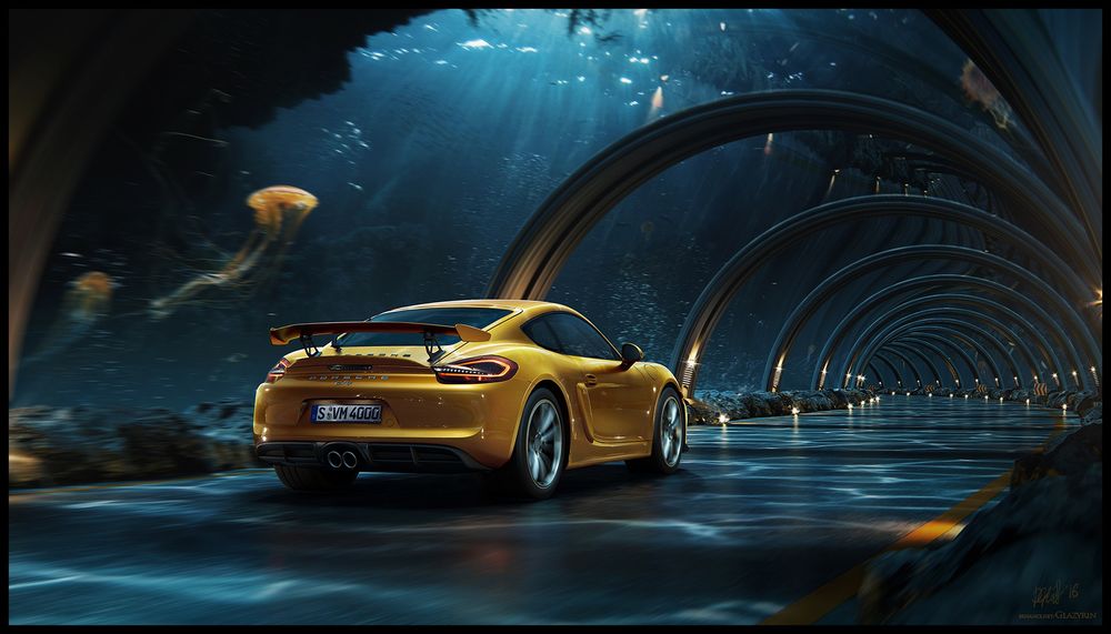 Обои для рабочего стола Золотистый Porsche 911 Carrera / Порше 911 Каррера едет по стеклянному тоннелю под водой, by Dmitriy Glazyrin & Behance