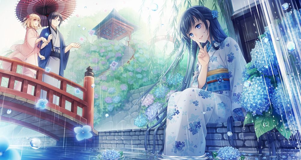 Обои для рабочего стола Девушка в кимоно сидит, опустив ноги в воду рядом с кустом голубой гортензии, за ней на мосту стоят под зонтом парень с девушкой, by RyuZU