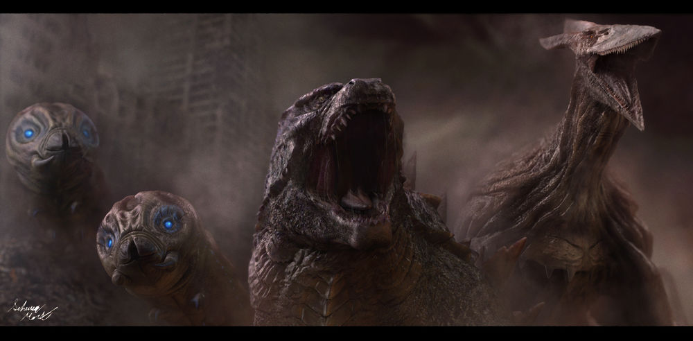 Обои для рабочего стола Mothras / Мотра, Godzilla / Годзилла и Rodan / Родан, by InkVeil Matter