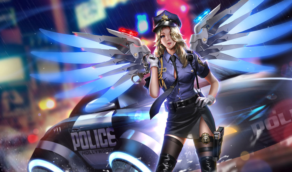 Обои для рабочего стола Mercy / Ангел / Angela Ziegler / Ангела Циглер из игры Overwatch / Дозор (Police / Полиция), by Liang-Xing