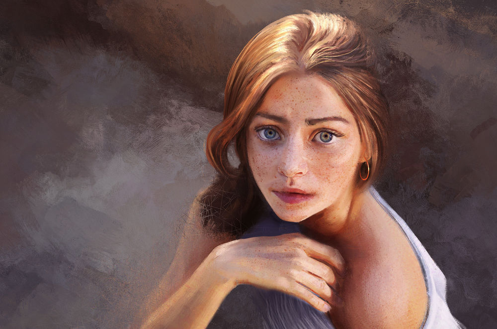 Обои для рабочего стола Девушка с встревоженным взглядом, by Mandy Jurgens