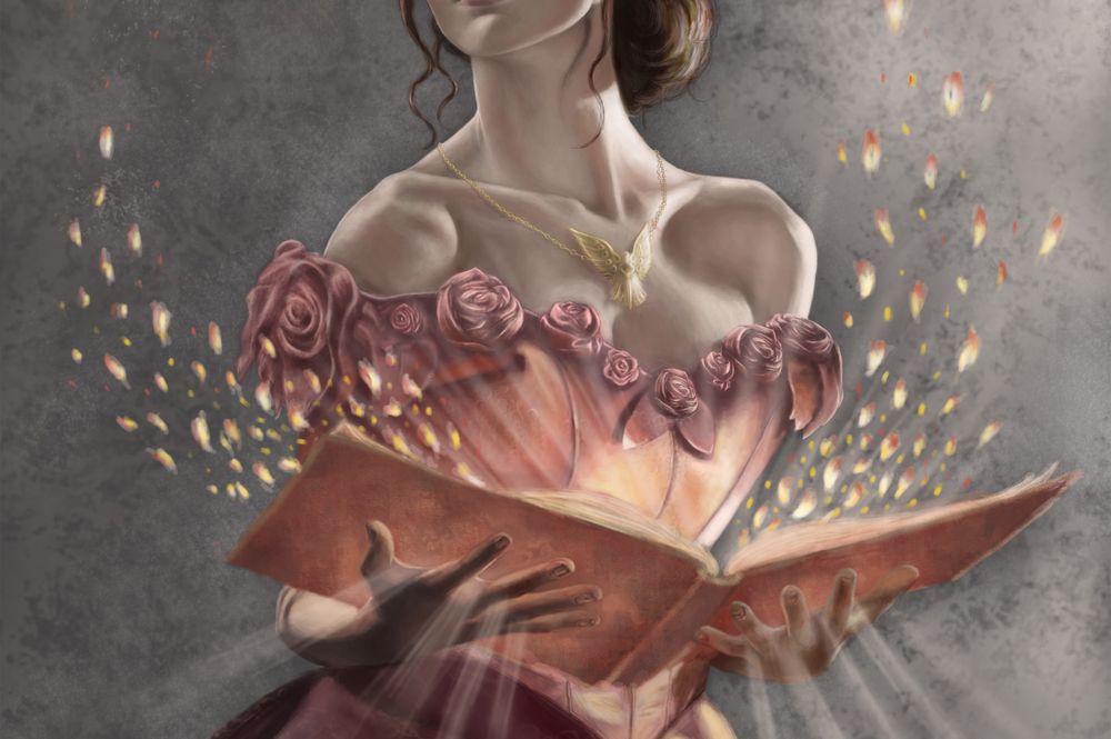 Обои для рабочего стола В руках персонажа Tessa Gray / Тесса Грей открытая книга, излучающая свет, by Caroline1233