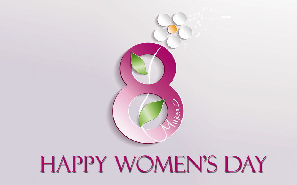 Обои для рабочего стола На сером фоне восьмерка с ромашкой и словом март (Happy womens Day / Счастливый женский день)