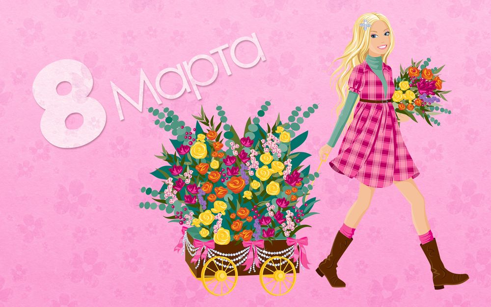 Обои для рабочего стола Девушка блондинка с букетом в руке везет тележку с большим весенним букетом на розовом фоне с цветами (8 Марта)