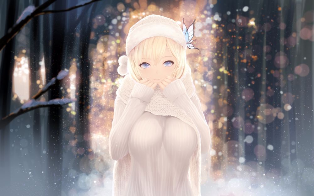 Обои для рабочего стола Kashiwazaki Sena / Сэна Касивадзаки стоит в заснеженном парку, персонаж из аниме У меня мало друзей / Boku wa Tomodachi ga Sukunai, art by Cait